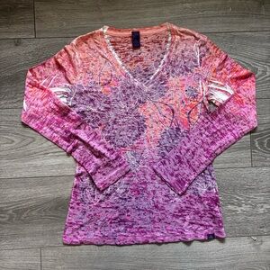Prana Pink to Purple Ombre Floral V-Neck Top